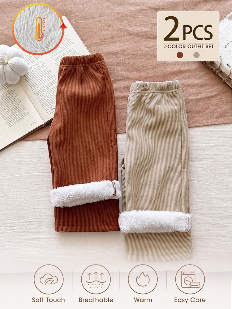 SHEIN 2pcs Toddler Girl Corduroy Straight Leg Pants Cute Coffee Khaki Fuzzy Fleece Lined High Elastic Waist Thick Outdoor School Winter Christmas Autumn - Brown - View 1