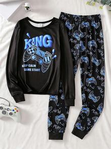青少年男孩黑色底色简约蓝印花长袖舒适家居服套装 - 黑色 - 查看 1