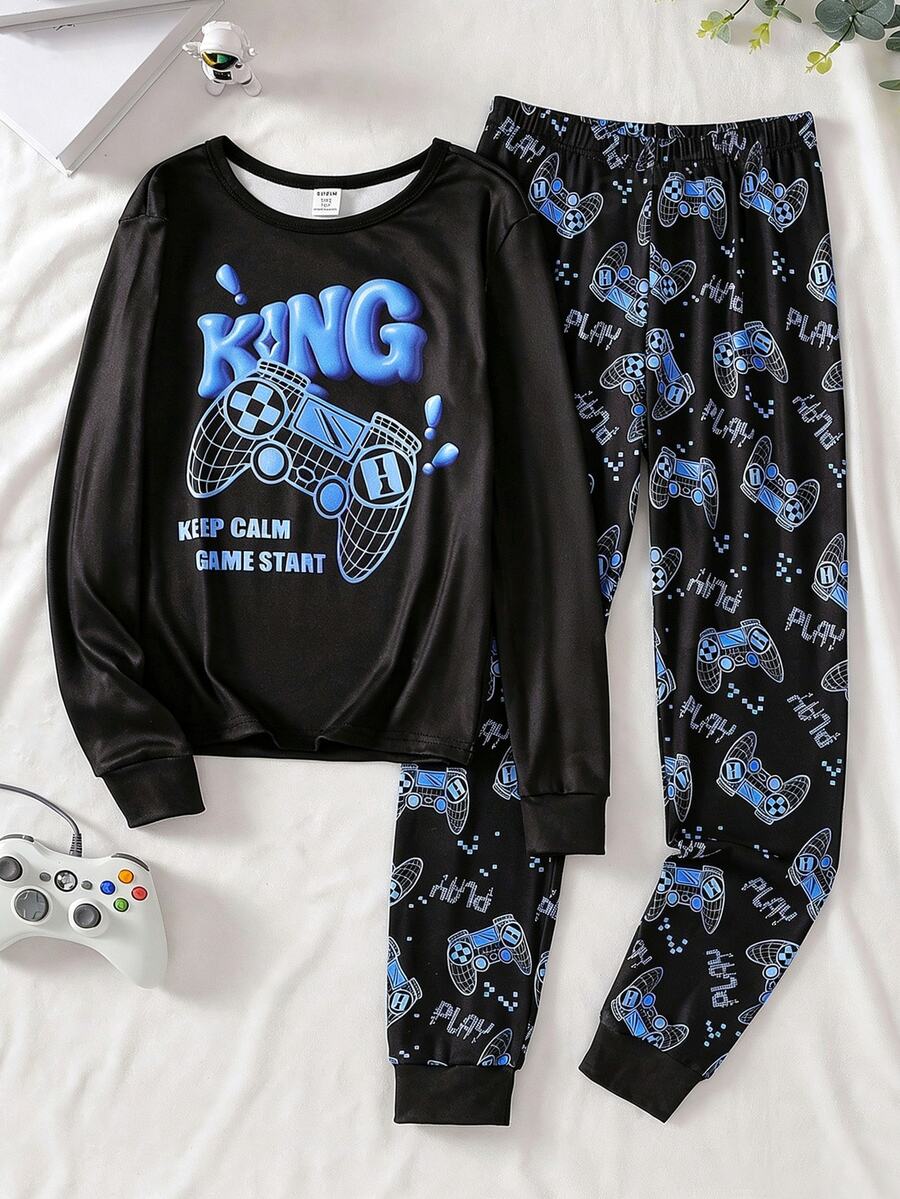 青少年男孩黑色底色简约蓝印花长袖舒适家居服套装 - 黑色 - 查看 1