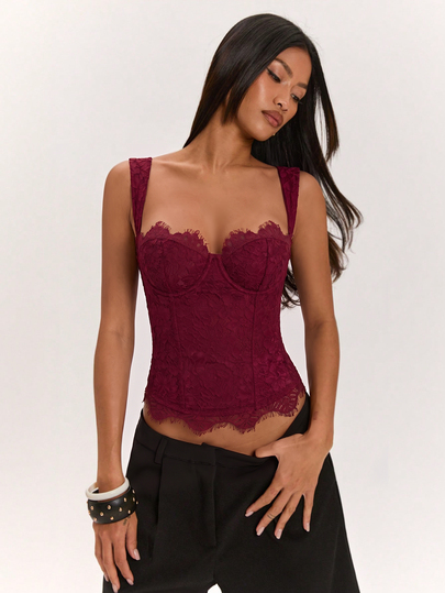 SHEIN BAE Women's Summer Elegant Solid Color Lace Sleeveless Top