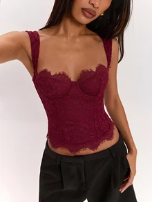 SHEIN BAE 女款夏季優雅純色蕾絲無袖上衣 - 酒紅色 - 查看 7