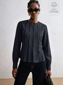 ATUI Studio Women's Autumn Fashion Versatile Solid Color Blouse - Black - View 1