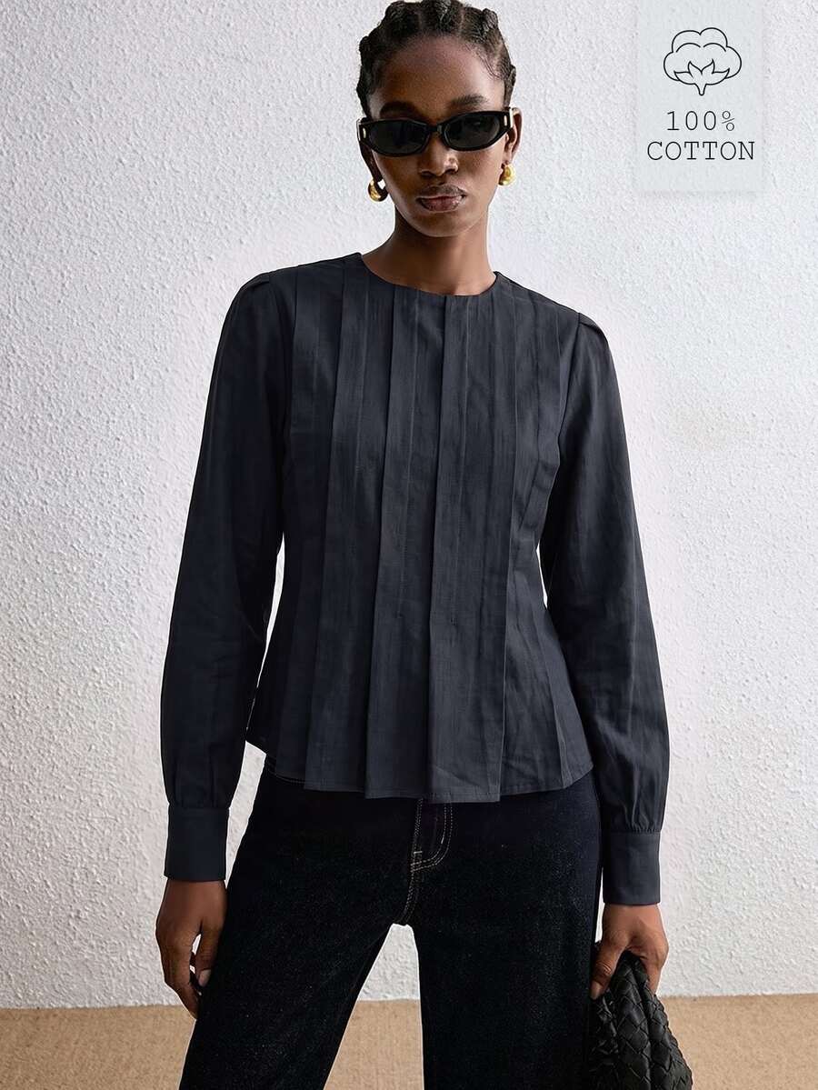 ATUI Studio Women's Autumn Fashion Versatile Solid Color Blouse - Black - View 1
