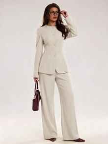 SHEIN BAE Bộ 2 món áo blazer vai đứng và quần cho nữ - Màu be - Xem 4