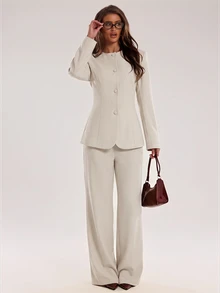 SHEIN BAE Bộ 2 món áo blazer vai đứng và quần cho nữ - Màu be - Xem 3