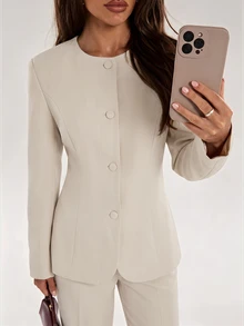 SHEIN BAE Bộ 2 món áo blazer vai đứng và quần cho nữ - Màu be - Xem 5