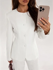 SHEIN BAE 女款純色長袖上衣與長褲休閒日常套裝 - 白色 - 查看 5