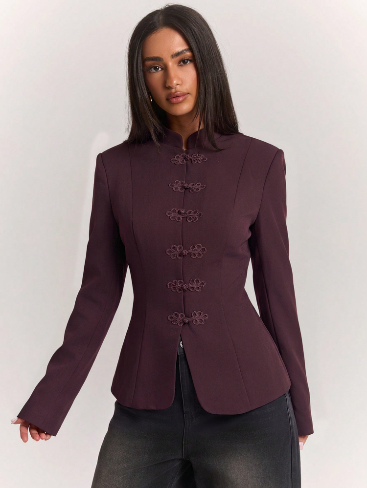 SHEIN BAE Women's Solid Color Casual Versatile Commute Travel Blazer Jacket - Maroon - View 1