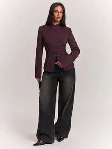 SHEIN BAE 女款素色休閒百搭通勤旅行西裝外套 - 紫紅色 - 查看 8
