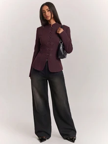 SHEIN BAE 女款素色休閒百搭通勤旅行西裝外套 - 紫紅色 - 查看 4