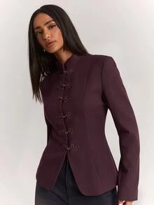 SHEIN BAE 女款素色休閒百搭通勤旅行西裝外套 - 紫紅色 - 查看 6