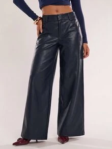 SHEIN BAE 女款時尚通勤純色寬腿長褲 - 藏蓝色 - 查看 4
