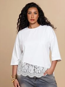 SHEIN BAE CURVE 大尺碼女款蕾絲拼接落肩寬鬆版型T恤 - 杏色 - 查看 3