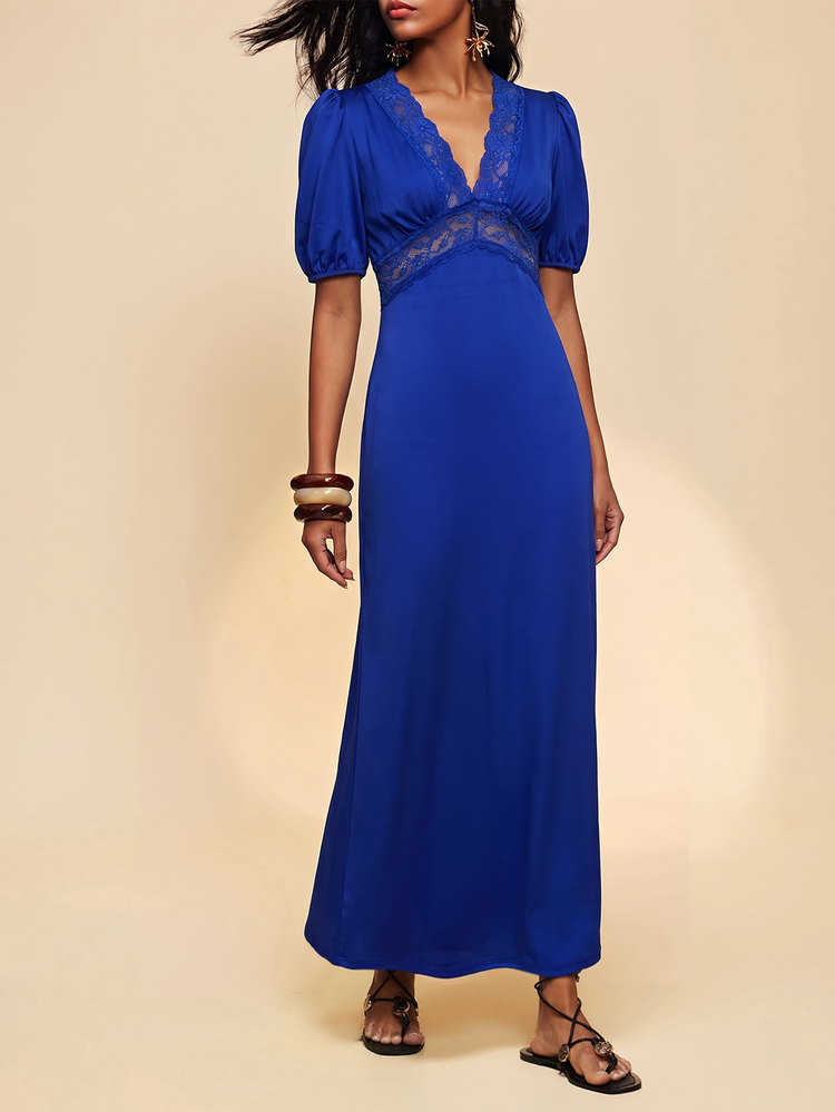 Travachic 2026 New Women's Slim Fit V-Neck Lace Patchwork Solid Black Waist-Cinching A-Line Dress - Blue - View 4