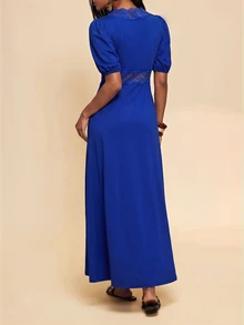 Travachic 2026 New Women's Slim Fit V-Neck Lace Patchwork Solid Black Waist-Cinching A-Line Dress - Blue - View 2