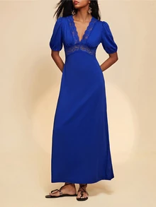 Travachic 2026 New Women's Slim Fit V-Neck Lace Patchwork Solid Black Waist-Cinching A-Line Dress - Blue - View 7
