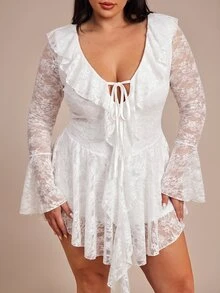 SHEIN BAE Plus Size Women Black Spring/Summer Lace Mini Ruffle Hem Dress Fall - White - View 6