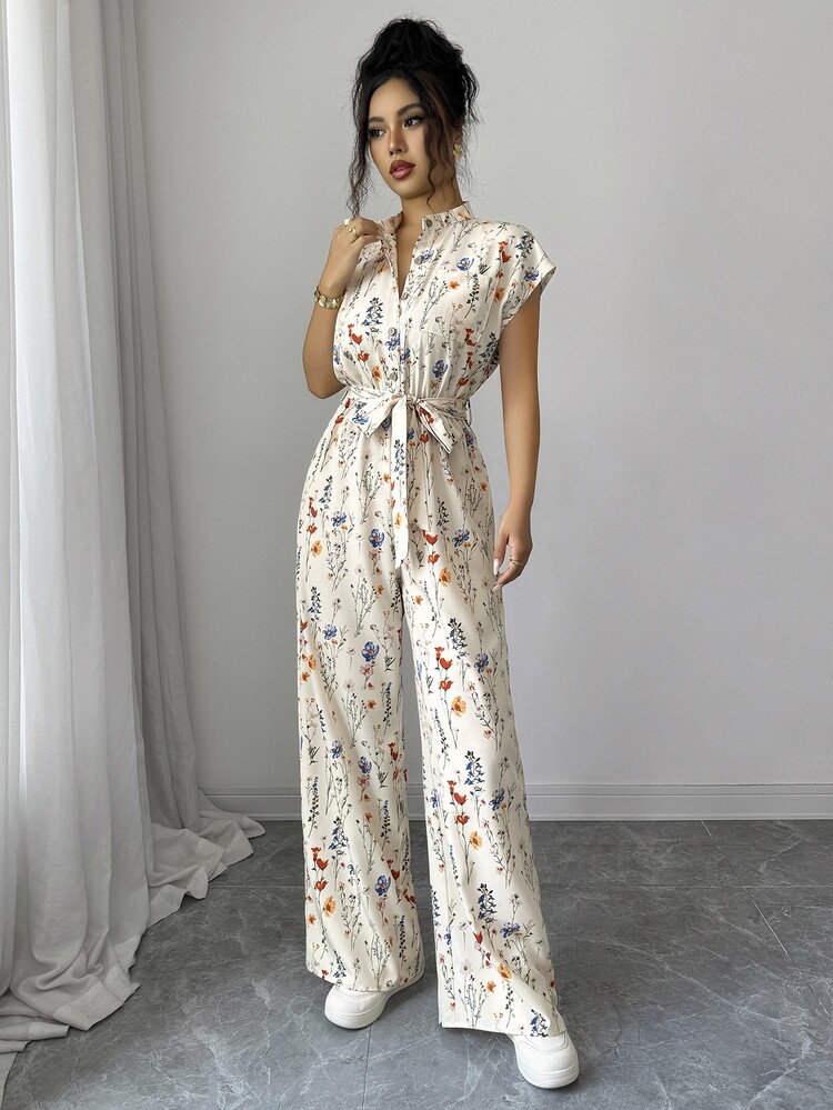 Rafferiza Women's Elegant Stand Collar Front Opening Shoulder-Connected Short Sleeve Waist-Cinching Wide Leg Long Jumpsuit - Apricot - View 5
