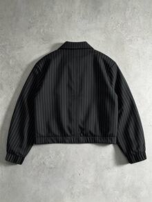 Claim Dot 男士黑色直條紋立領拉鍊夾克，彈性袖口與下擺輕量休閒防風外套，寬鬆版型春/秋日常街頭穿搭外衣 - 黑色 - 查看 2