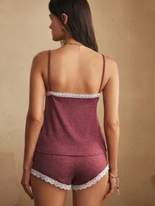 Lullawish Contrast Lace Cami Top & Tie Front Shorts PJ Set / Pajama Set Holiday Season - Maroon - View 2