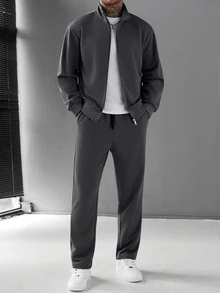 Manfinity CasualCool 男士秋季休閒夾克與長褲套裝 - 深灰色 - 查看 4