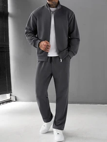Manfinity CasualCool 男士秋季休閒夾克與長褲套裝 - 深灰色 - 查看 3