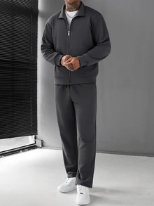 Manfinity CasualCool 男士秋季休閒夾克與長褲套裝 - 深灰色 - 查看 6