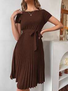SHEIN Pleated Hem Self Belted Dress Burgundy Color Women Outfit - Coffee Brown - View 4