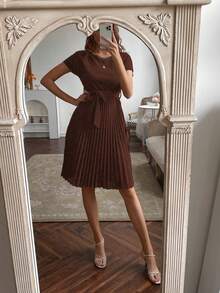 SHEIN Pleated Hem Self Belted Dress Burgundy Color Women Outfit - Coffee Brown - View 7