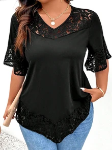 Elenzga Plus Size Women's Lace Patchwork Short Sleeve T-Shirt - Black - View 6