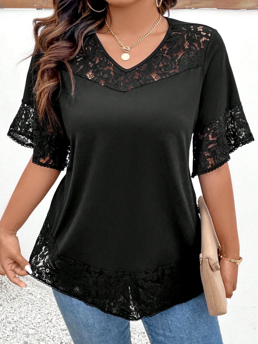 Elenzga Plus Size Women's Lace Patchwork Short Sleeve T-Shirt - Black - View 1
