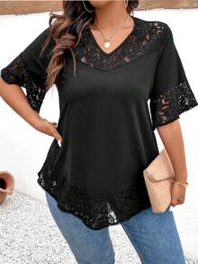 Elenzga Plus Size Women's Lace Patchwork Short Sleeve T-Shirt - Black - View 4