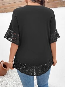 Elenzga Plus Size Women's Lace Patchwork Short Sleeve T-Shirt - Black - View 2