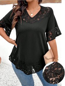 Elenzga Plus Size Women's Lace Patchwork Short Sleeve T-Shirt - Black - View 3