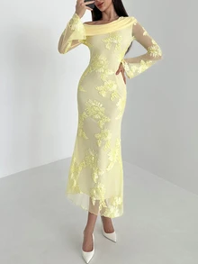 Aloruh Women's Elegant Yellow Ruched Asymmetrical Shoulder Dress,Autumn Flare Sleeve Mesh Embroidered Fishtail Hem Formal Dinner Wedding Guest Dress - Yellow - View 8