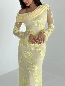 Aloruh Women's Elegant Yellow Ruched Asymmetrical Shoulder Dress,Autumn Flare Sleeve Mesh Embroidered Fishtail Hem Formal Dinner Wedding Guest Dress - Yellow - View 5