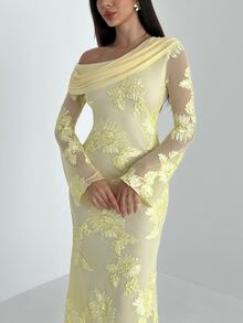 Aloruh Women's Elegant Yellow Ruched Asymmetrical Shoulder Dress,Autumn Flare Sleeve Mesh Embroidered Fishtail Hem Formal Dinner Wedding Guest Dress - Yellow - View 2