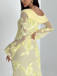 Aloruh Women's Elegant Yellow Ruched Asymmetrical Shoulder Dress,Autumn Flare Sleeve Mesh Embroidered Fishtail Hem Formal Dinner Wedding Guest Dress - Yellow - View 3