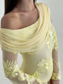 Aloruh Women's Elegant Yellow Ruched Asymmetrical Shoulder Dress,Autumn Flare Sleeve Mesh Embroidered Fishtail Hem Formal Dinner Wedding Guest Dress - Yellow - View 6