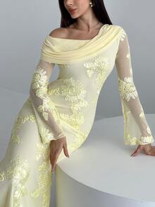 Aloruh Women's Elegant Yellow Ruched Asymmetrical Shoulder Dress,Autumn Flare Sleeve Mesh Embroidered Fishtail Hem Formal Dinner Wedding Guest Dress - Yellow - View 7