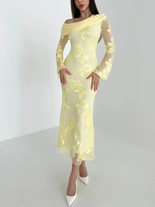 Aloruh Women's Elegant Yellow Ruched Asymmetrical Shoulder Dress,Autumn Flare Sleeve Mesh Embroidered Fishtail Hem Formal Dinner Wedding Guest Dress - Yellow - View 4