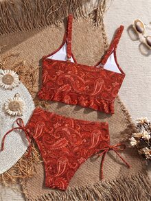 Swim Vcay 女款海灘度假風荷葉邊抽繩性感豹紋細肩帶比基尼上衣 - 紅色 - 查看 2