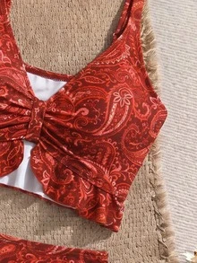 Swim Vcay 女款海灘度假風荷葉邊抽繩性感豹紋細肩帶比基尼上衣 - 紅色 - 查看 4