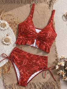 Swim Vcay 女款海灘度假風荷葉邊抽繩性感豹紋細肩帶比基尼上衣 - 紅色 - 查看 3