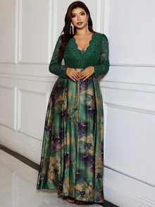 SHEIN Clasi 大尺碼女款對比蕾絲V領長袖優雅休閒Eleganza洋裝，深綠色，適合秋季婚禮、婚禮賓客、正式早午餐 - 綠色 - 查看 5