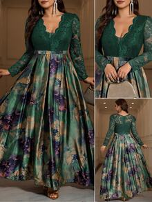 SHEIN Clasi 大尺碼女款對比蕾絲V領長袖優雅休閒Eleganza洋裝，深綠色，適合秋季婚禮、婚禮賓客、正式早午餐 - 綠色 - 查看 2