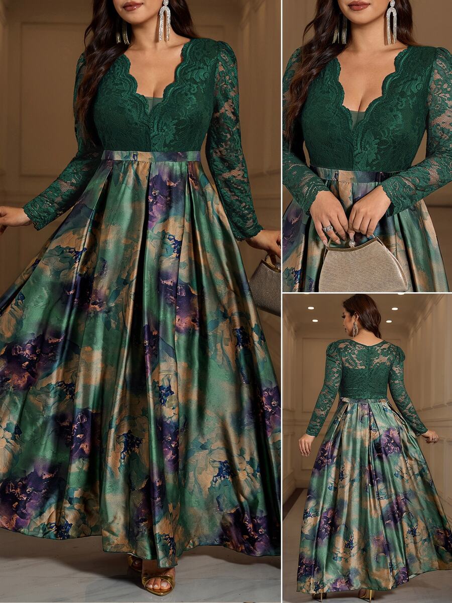 SHEIN Clasi 大尺碼女款對比蕾絲V領長袖優雅休閒Eleganza洋裝，深綠色，適合秋季婚禮、婚禮賓客、正式早午餐