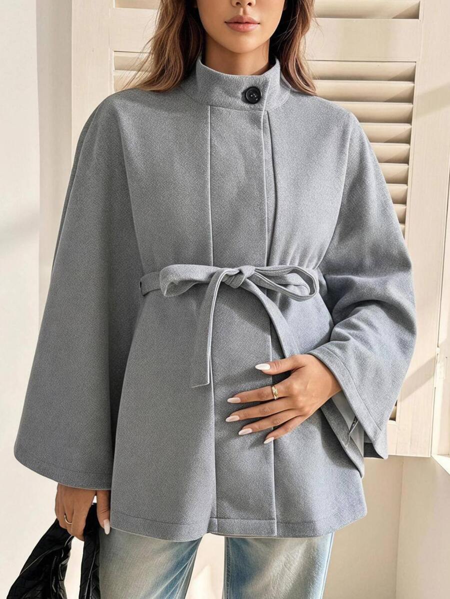 SHEIN Maternity Waist Tie Batwing Sleeve Elegant Regular Fit Jacket Fall - Grey - View 1