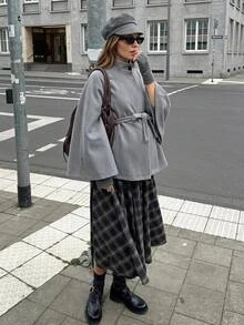 SHEIN Maternity Waist Tie Batwing Sleeve Elegant Regular Fit Jacket Fall - Grey - View 2