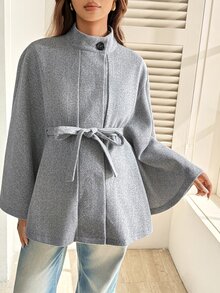 SHEIN Maternity Waist Tie Batwing Sleeve Elegant Regular Fit Jacket Fall - Grey - View 8